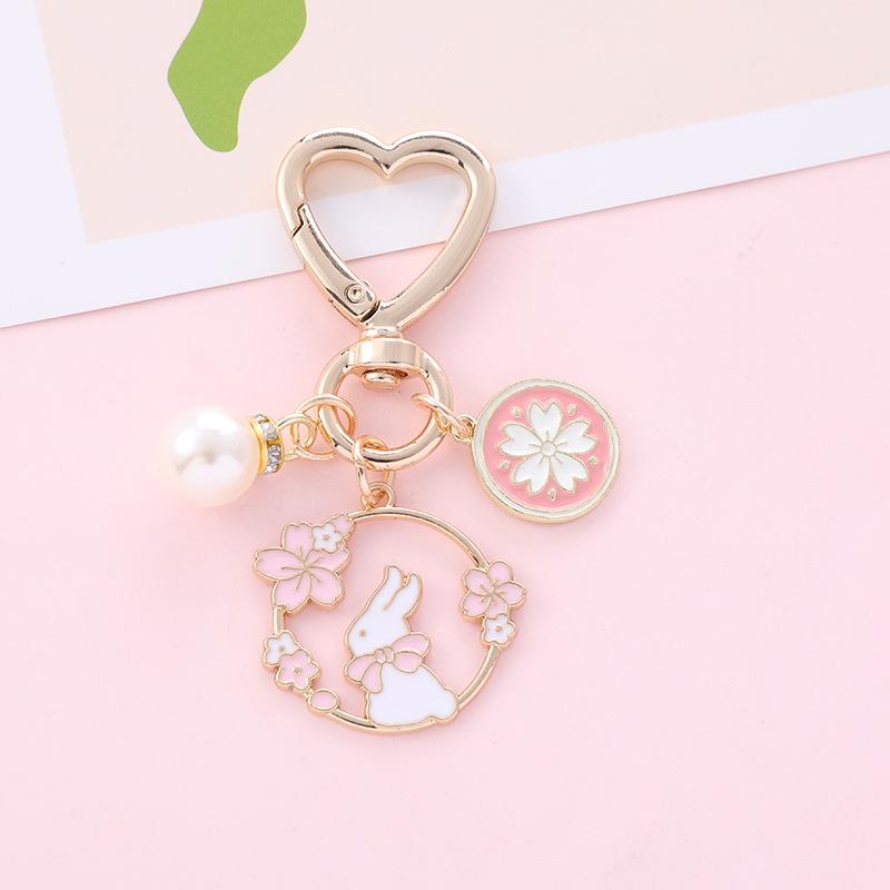 Romantic Cherry Blossom Rabbit Keychain with Pearl Pendant