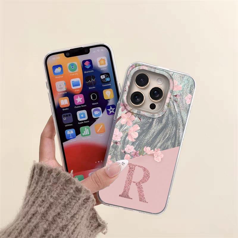 Case For iPhone 16 Pro Max 15 13 14 Plus 5G Phone Cover A-Z Letter Pink Flowers For iPhone 17 Air Shockproof Couple Hard Back