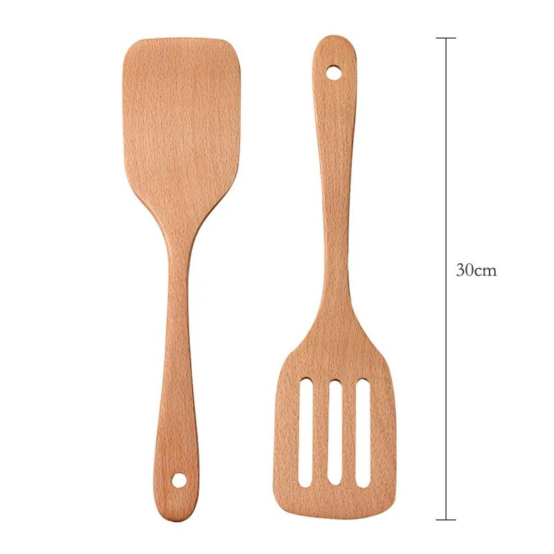 2Pcs Wooden Kitchen Spatula Nonstick Spatula Turner Set Slotted Cooking Shovel Long Handle Wok Spatula Wooden Kitchen Utensils