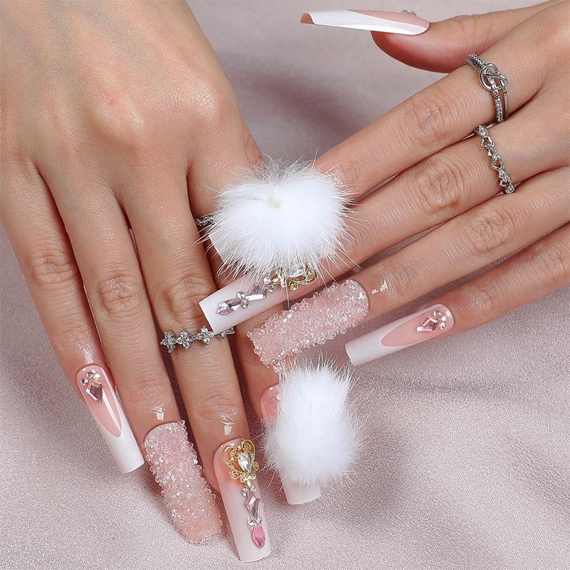 

European & American Extra Long Gradient Fake Nails with Pompon & Rhinestones