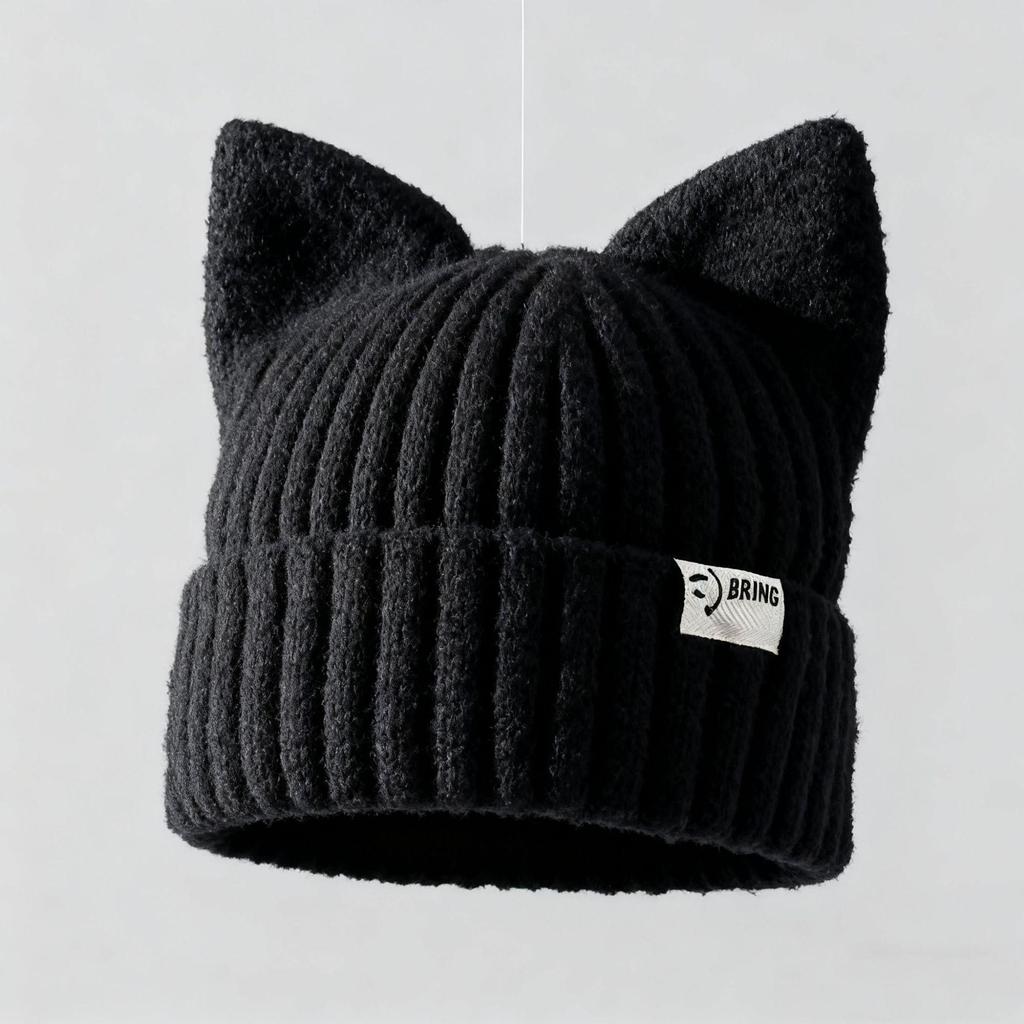 Women's Korean Fashion Cat Ear Wool Hat – Large Head Circumference, Knitted for Warmth, Shows Smaller Face, Perfect for Autumn & Winter