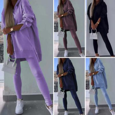 2 Pcs/Set Women Top Pants Set Hooded Long Sleeve Slit Hem Hoodie Stretchy Waist