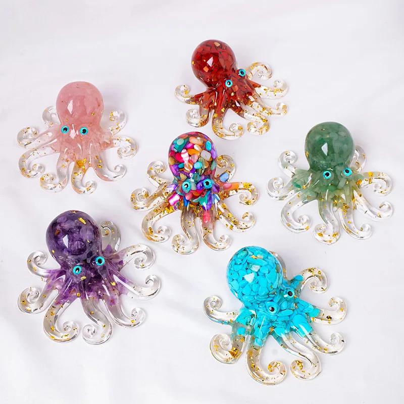 Natural Crystal Gravel Miniature Octopus Statue Chinese Lucky Feng Shui Ornament Resin Squid Home Tabletop Landscape Ornaments