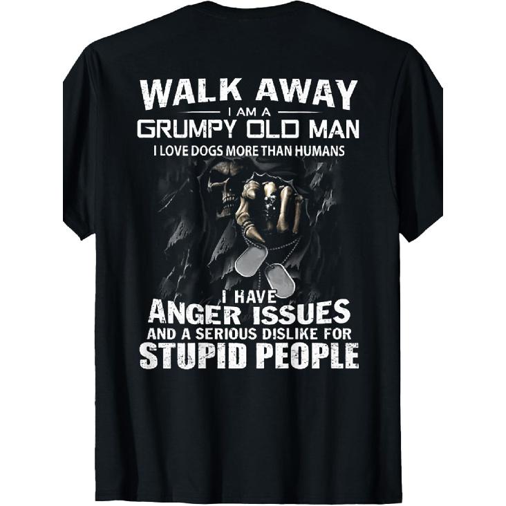 Men S Funny Grumpy Old Man T-Shirt - Walk Away I Am a Grumpy Old Man I Love Dogs More Than Humans Saying - Vintage Graphic Tee - Loose Fit Casual 6XL чёрный