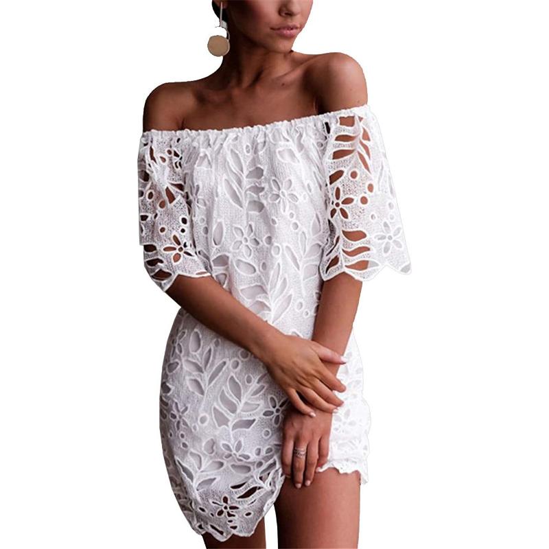 Mini Abito Estivo da Donna Scollo Bardot con Pizzo Floreale a Occhiolino Scollato Manica Corta Casual per Spiaggia Vacanza Festa
