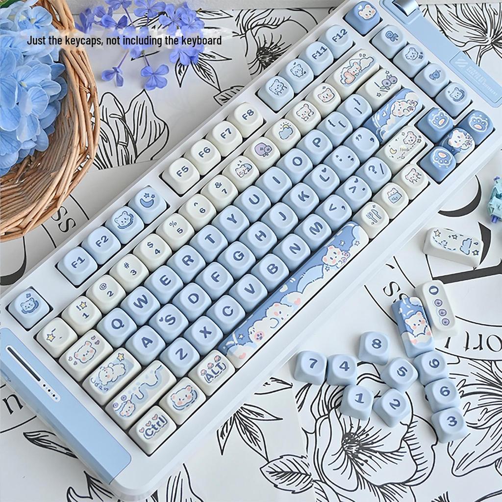 Blue Cute Cartoon Bear Keycap Set - Ice Cream Theme, 75-98 Keys, Highly Sublimated for Mechanical Keyboards