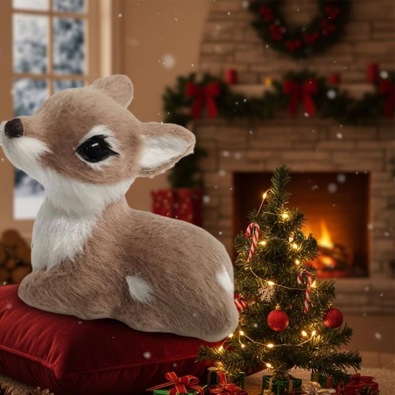 Realistic Christmas Deer Figurine With Realistic Furs Texture Miniature Animal Model For Holiday Tabletop Shelf Decors