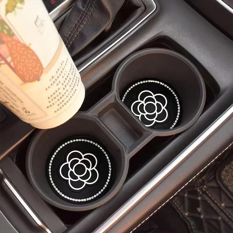 2PCS of Diamond Car Coasters, Tea Flower Car Cup Holders, Silicone Anti Slip Coasters, General Motors Interior Water Cup Mats