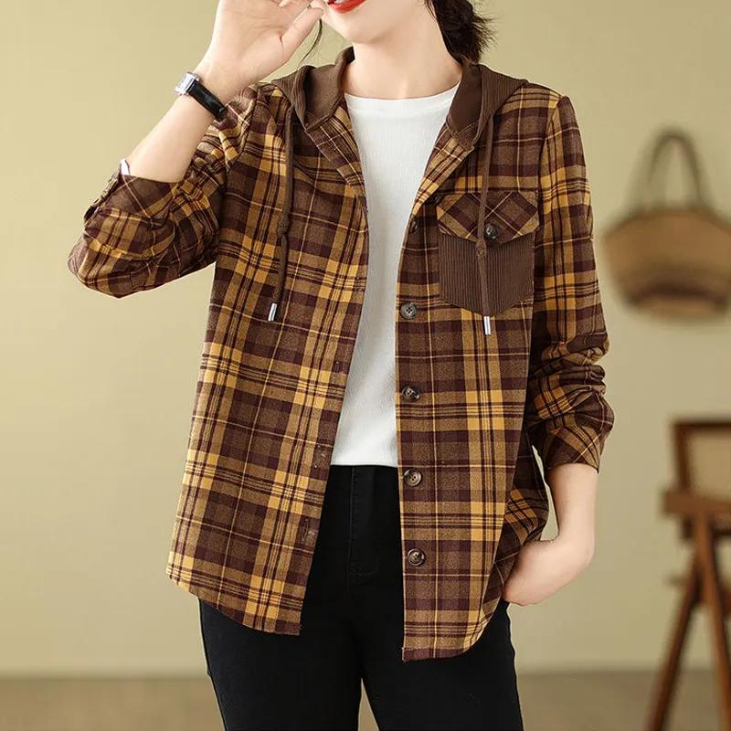 

Женская модная клетчатая рубашка с капюшоном на весну и осень, женский повседневный кардиган, свободное пальто XS жёлтый