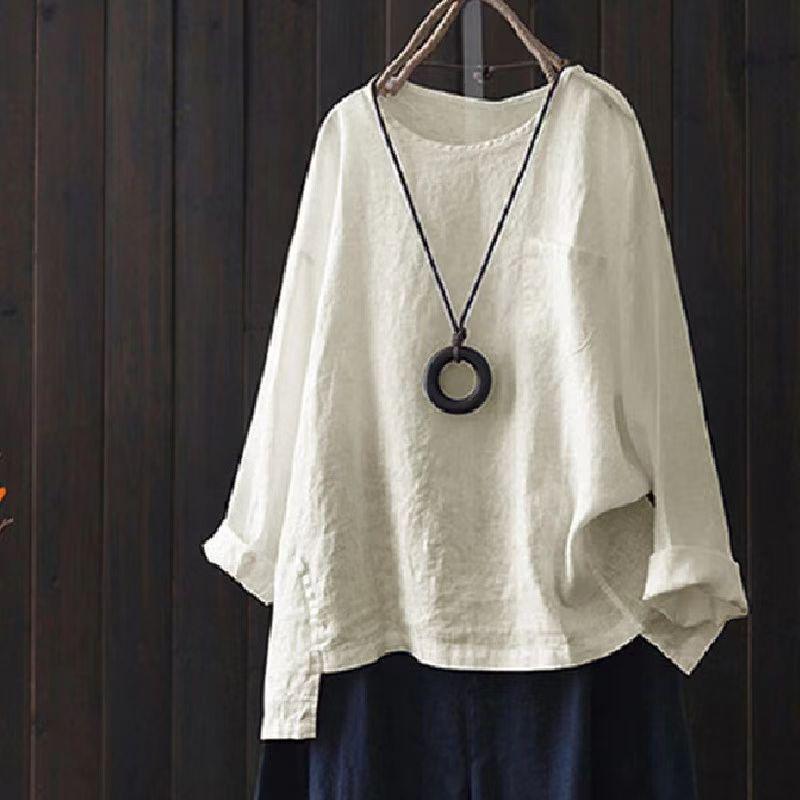 

2024 Летняя женская хлопковая футболка свободного кроя с длинными рукавами и круглым вырезом One size грязно-белый