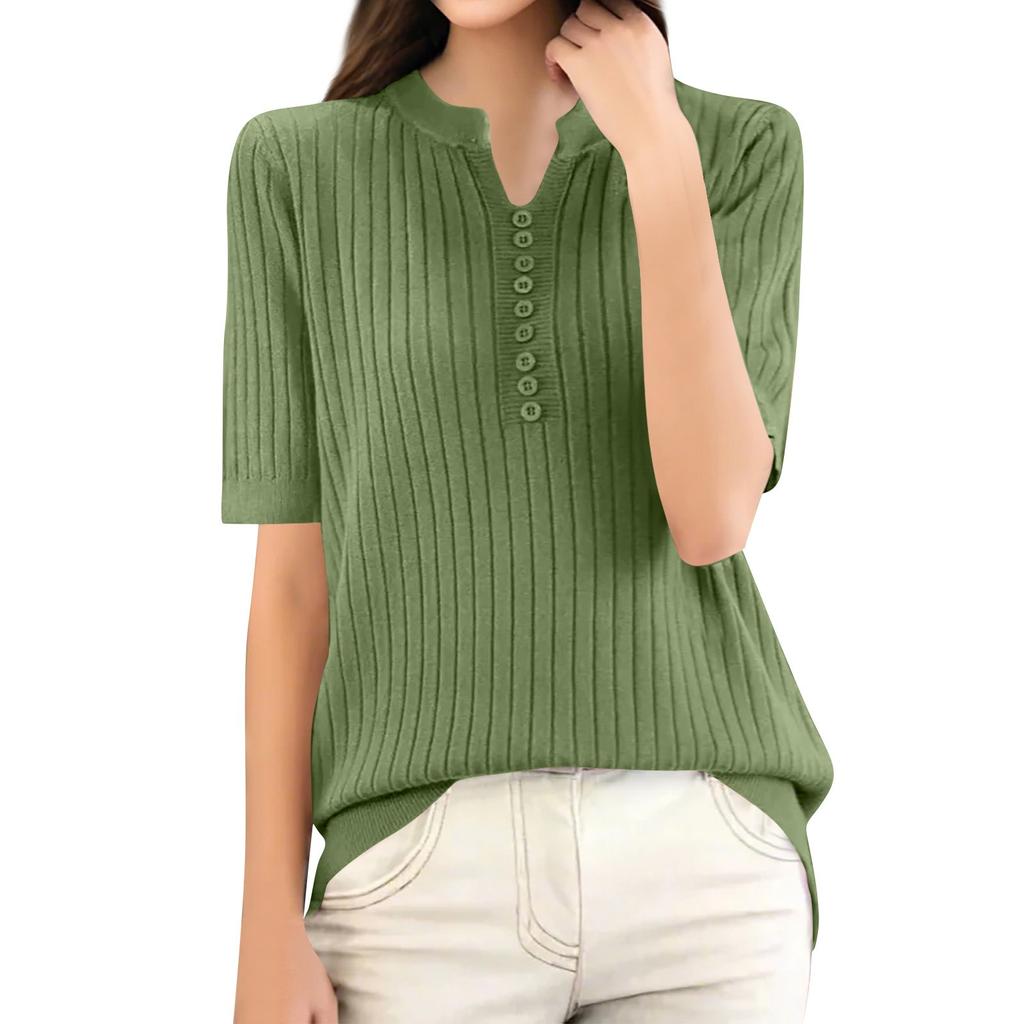 Módní pletený svetr s krátkým rukávem, výstřihem do V, slim-fit základní košile s krátkým rukávem pro ženy