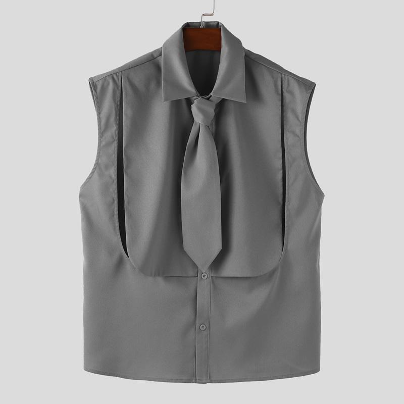 

INCERUN Men Lapel Tie Neck Sleeveless Buttons Cutout Casual Shirts Tank Tops 5XL серый