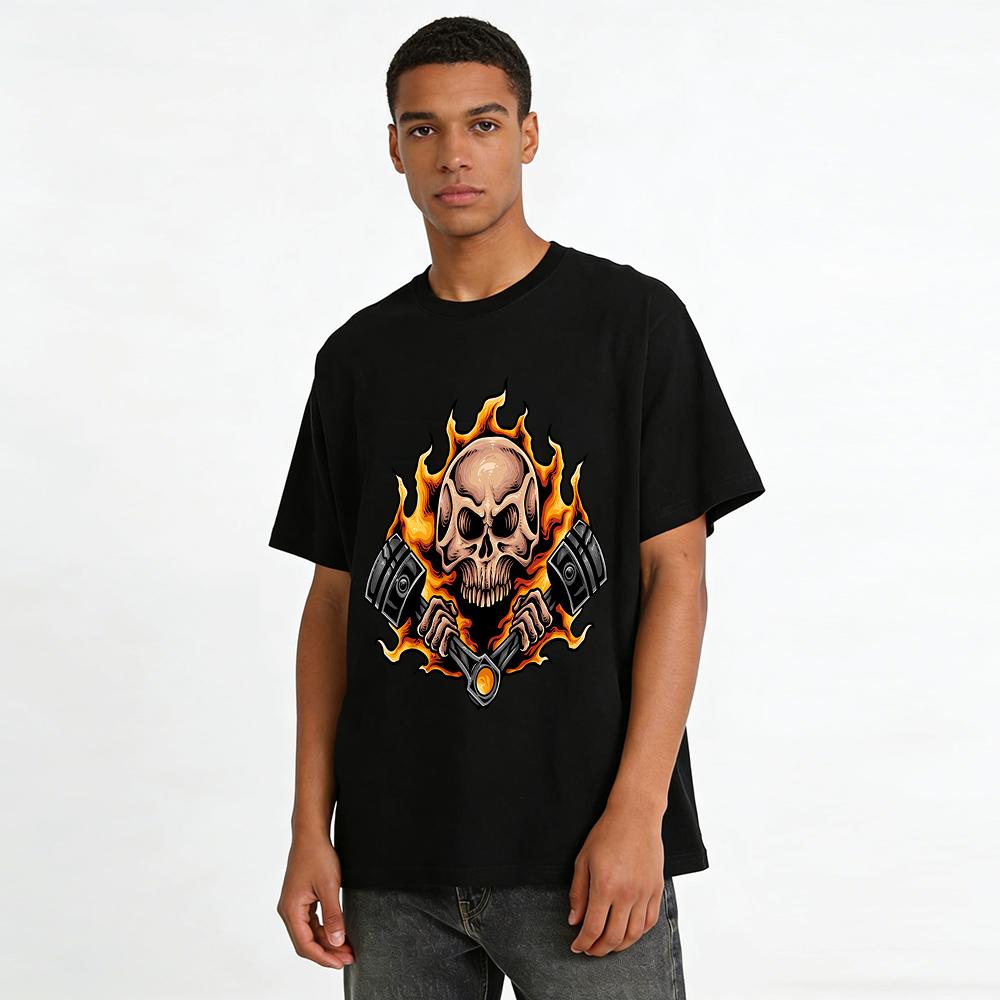 Flame Skull Holding Pistons Biker Style Graphic Casual T-Shirt Pure cotton T-shirt
