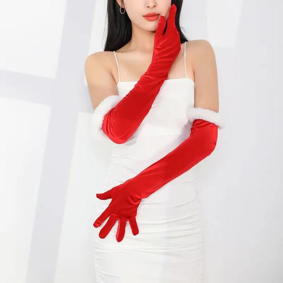 1 Paar Lange Samthandschuhe für Damen Ellbogenlang Rot Formelle Handschuhe mit Kunstpelzbesatz für Oper Halloween Cosplay Party Verkleidungszubehör