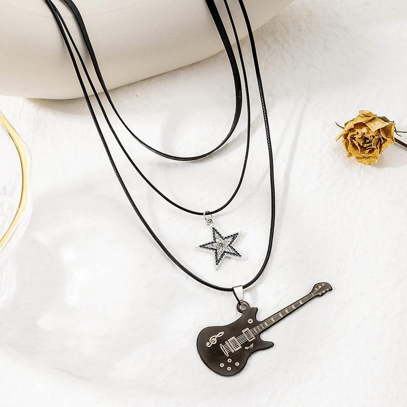 Star Pendant Vintage Necklace Punk Star Choker Rock Roll Guitar Layered Necklace For Women Men Eboy Egirl Bar Party Jewelry