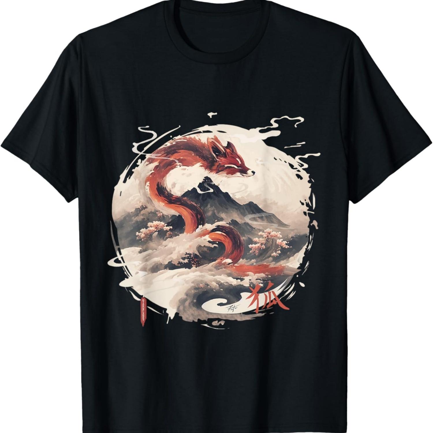 Стильная футболка с японской эстетикой Кицунэ из Харадзюку, Токио S чёрный