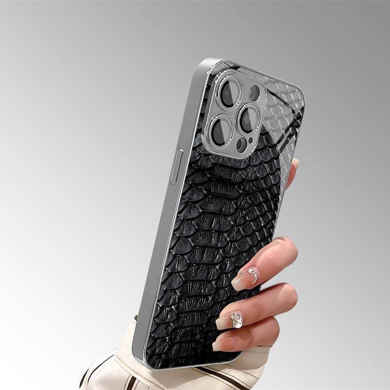 Custodia Lussuosa Nera con Texture Pelle di Serpente Elettroplaccata per Samsung Galaxy S26 S25 S24 S23 Ultra Plus FE Copertura in Vetro Temperato