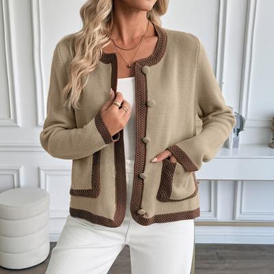 Cardigan Tricotat pentru Femei, Stil Versatil, cu Culori Contrastante, Retro European American de Toamnă, Stil Mic Parfumat