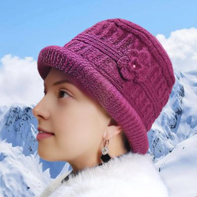 Women Thicken Knitted Hat Flower Crochet Bucket Hat for Elderly Women