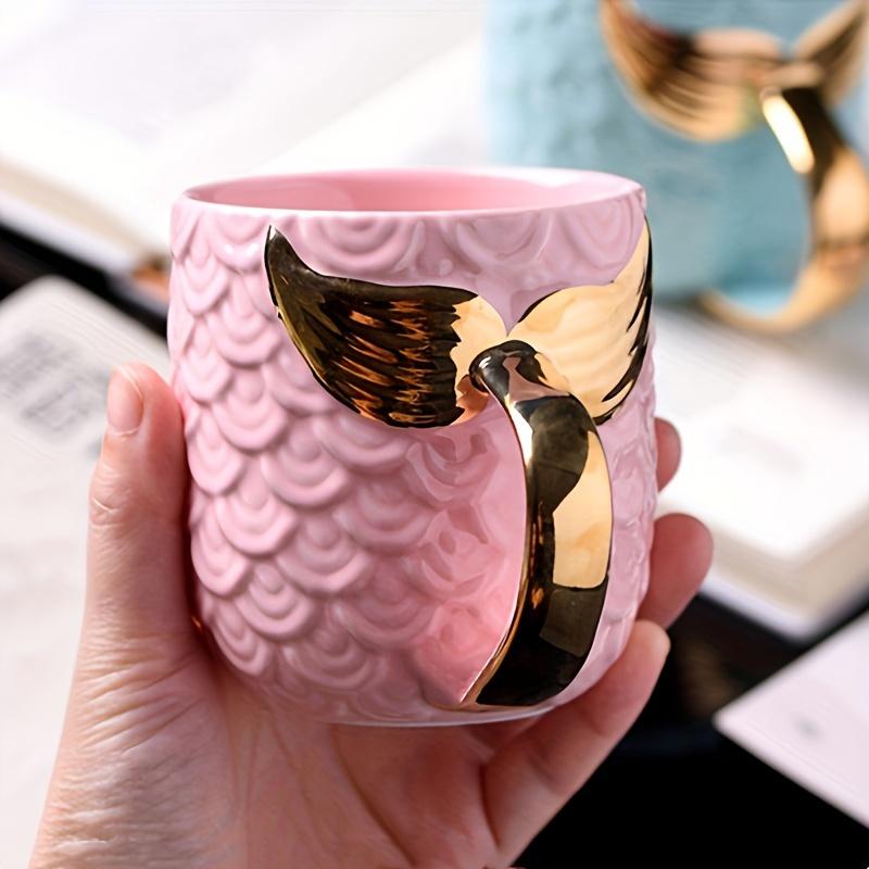 Novelty Mermaid Mug With Golden Tail Handle Cute Coffee Cup Ceramic Cup Large Tea Cup Suitable For Valentine's Day Gifts