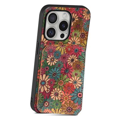 For iPhone 16 Pro Max Case with Card Holder Flowers Design Leather Phone Cover Kickstand