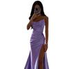 Women Satin One Shoulder Cowl Neck Maxi Dress Ruched High Slit Bodycon Slim Fit Elegant Evening Prom Party Formal Gown Multi Color