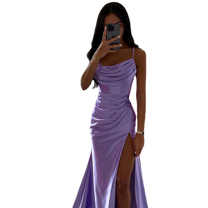 Women Satin One Shoulder Cowl Neck Maxi Dress Ruched High Slit Bodycon Slim Fit Elegant Evening Prom Party Formal Gown Multi Color