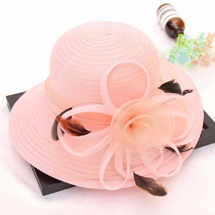 Eugen Top Hat Spring Summer Feather Flower Fashion Wedding Hat Big Brim Dome Beach Sun Hat