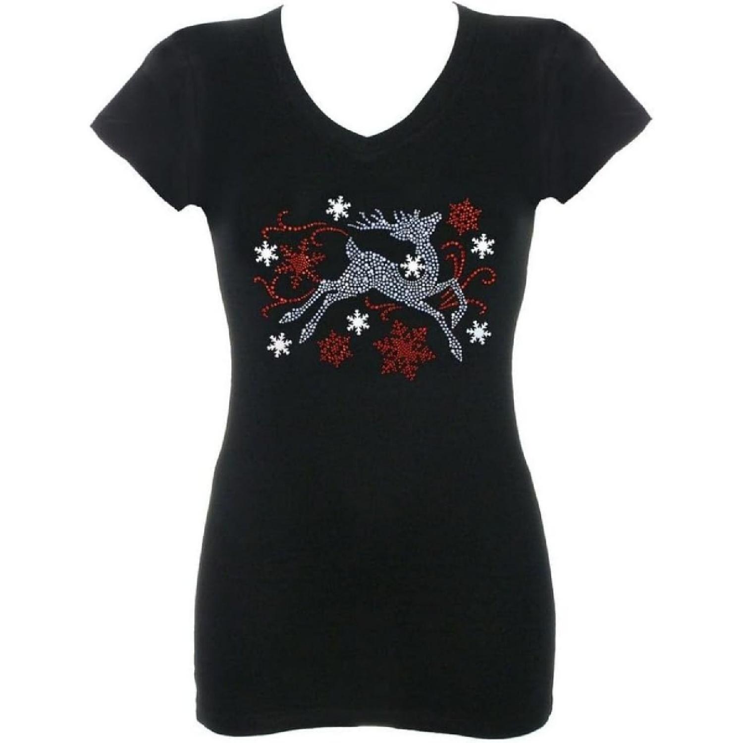

Women s Reindeer Christmas Holiday Rhinestone Bling V-Neck T-Shirt XXXXXL різнокольоровий