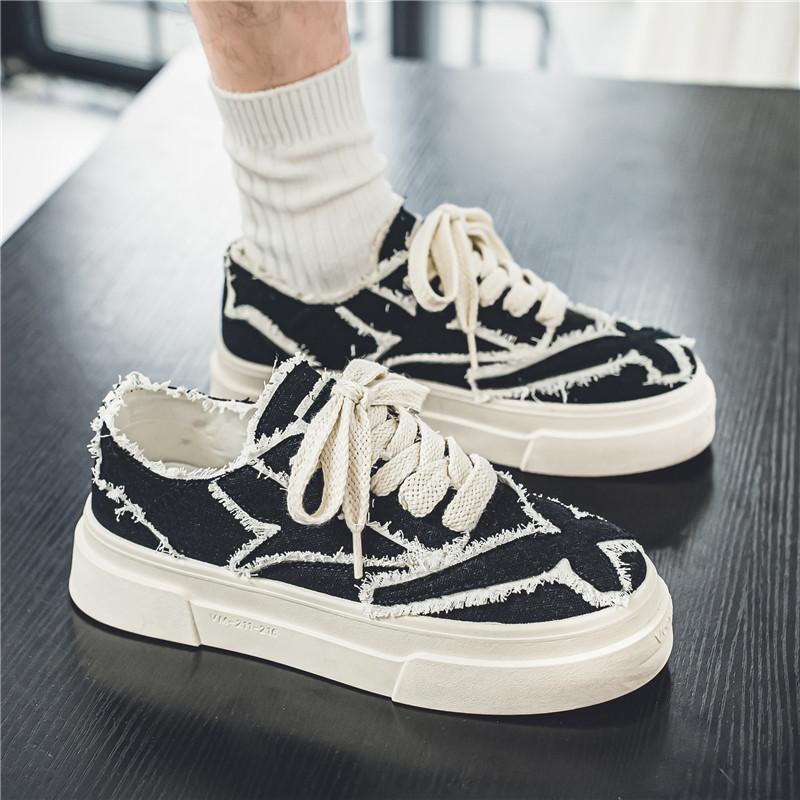 Men's Distressed Denim Canvas Shoes Thick Sole Frayed Edge Casual Low-top Fashion Shoes