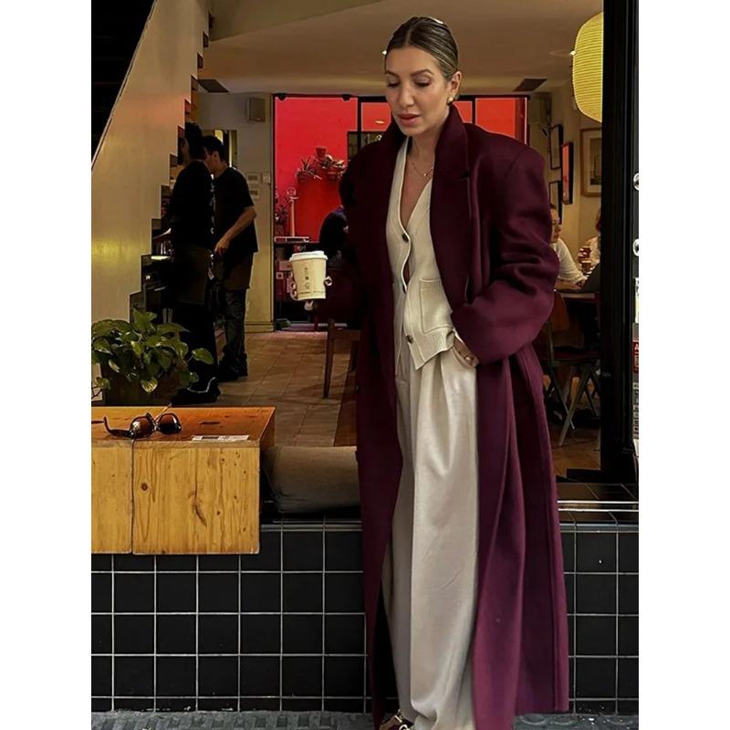 Burgundy Buttons with Belt Long Coat Women Fashion Lapel Full Sleeves Wool Blends Jacket Office Lady Outerwear