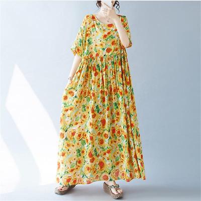 Short Sleeve Plus Size Cotton Vintage Floral New In Dresses for Women Casual Loose Long Summer Dress