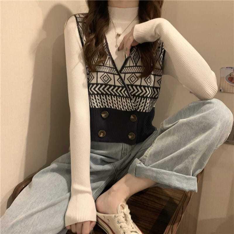 Vintage V-neck Vest Sweater Cardigan Outerwear Women Sweater Autumn 2023 Casual Loose Short Outerwear Sweater Vest Female Top