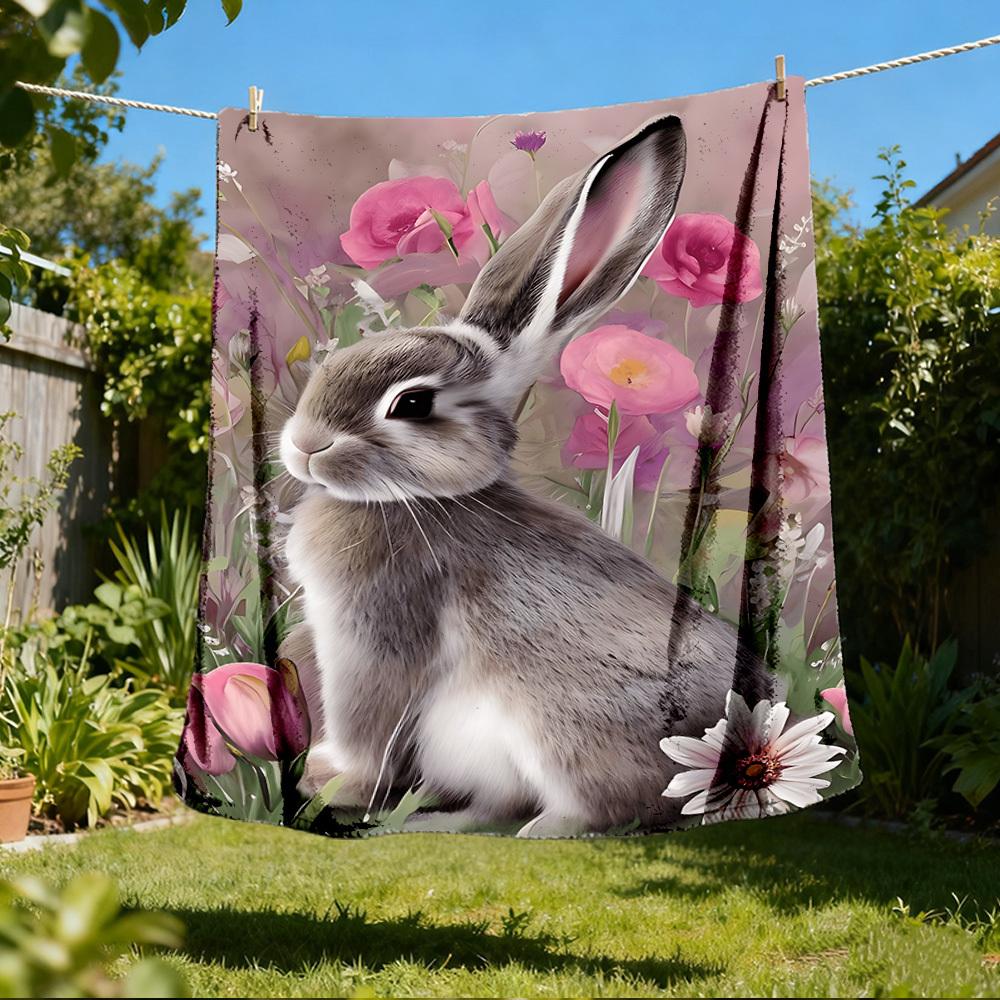1pc Rabbit Flowers Outdoor Blanket - Soft Flannel Cozy for Travel & Camping - All-Season Warm Bed Cover, Machine Washable yy251229079