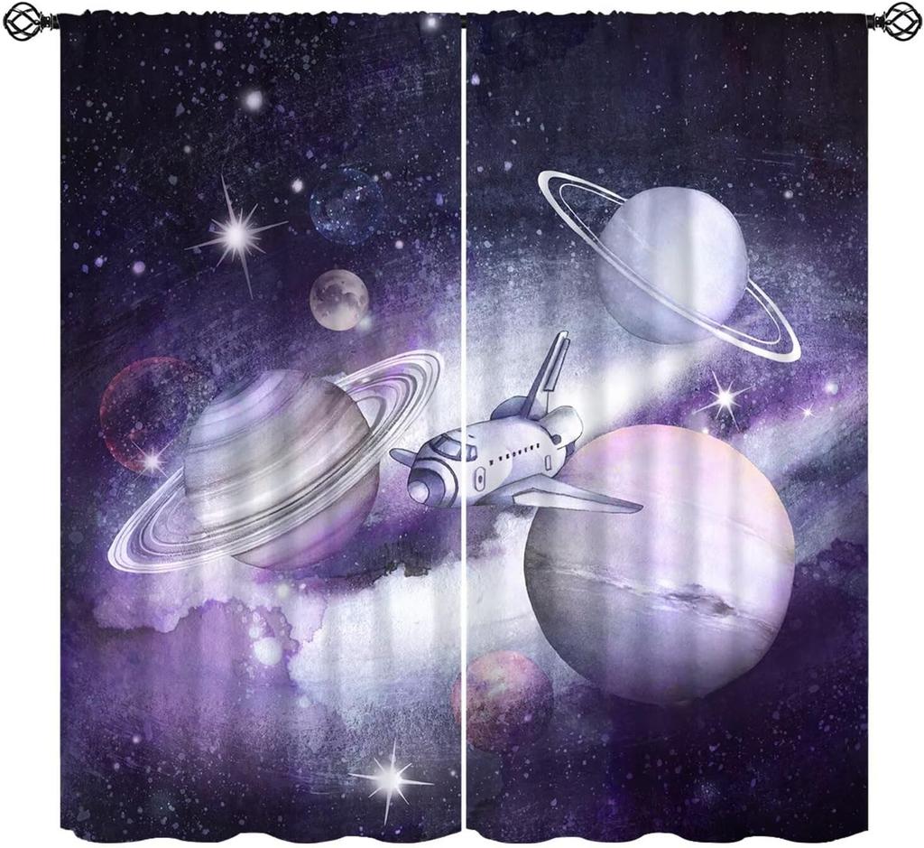 Cartoon Space Universe Curtains,Solar System Planet Rocket Spacecraft Print Decor Rod Pocket Window Treatments For Kids Girls