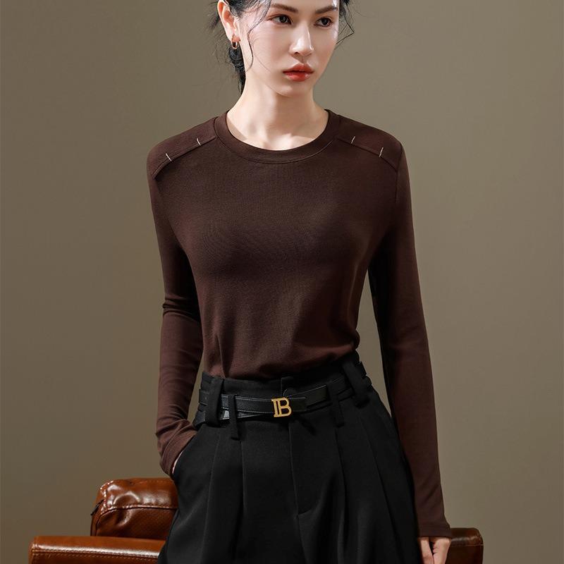 Acetate Wool Bottoming Shirt Women's New Women's Clothing Shoulder-plugged Round Neck Solid Color Long-sleeved Shirt Warm Inner Top