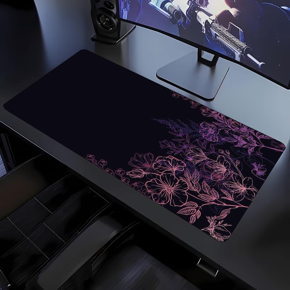 Dark Background Purple Flower Large Extended Mouse Pad Non Slip Rubber Desk Mat For Gaming Laptop Keyboard Office Desktop Decor