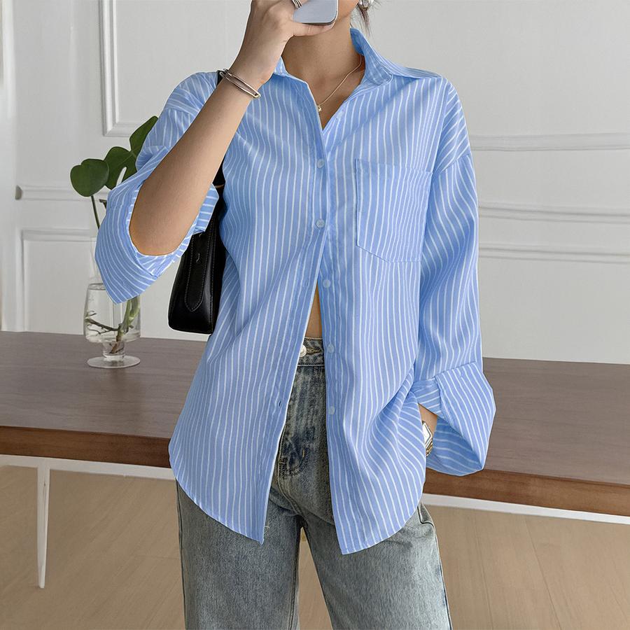 

Casual Vacation Striped Long Sleeve Premium Shirt Women s Autumn/Winter Imported L блакить