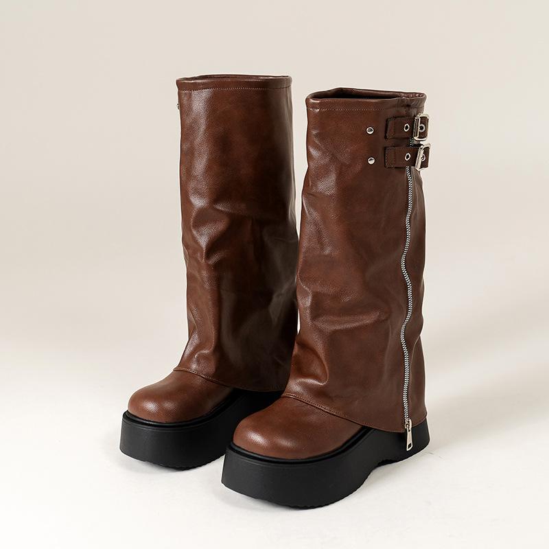 Black Retro British Thick Heel Platform Boots Women's 2025 New Autumn Thin and Heightened Trousers Knight Boots