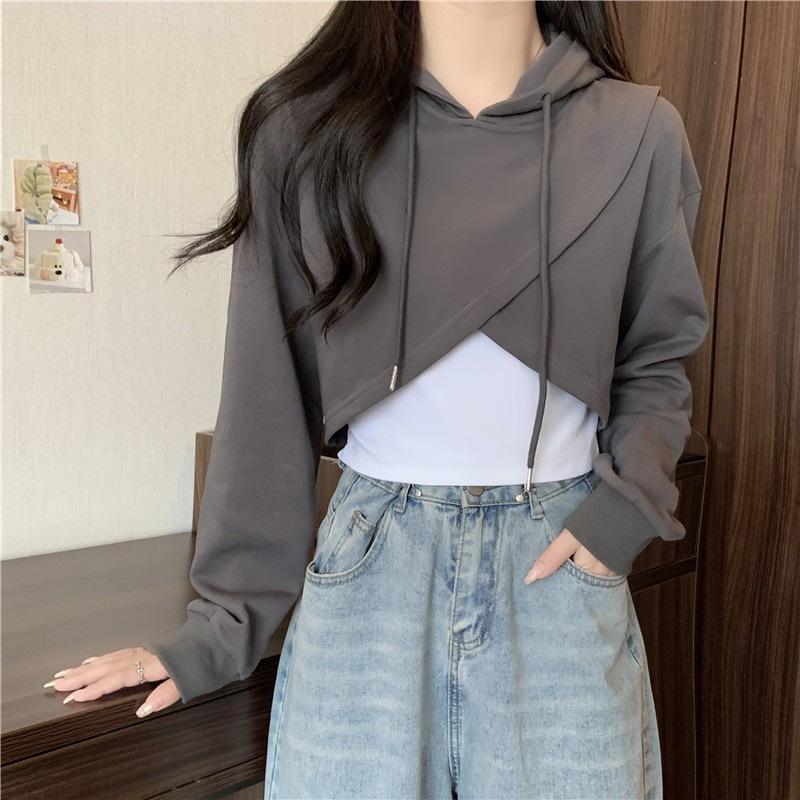 Irregular Cropped Two-Piece Hooded Sweatshirt for Women, 2023 Autumn/Winter, Korean Loose Slimming Chic Style.