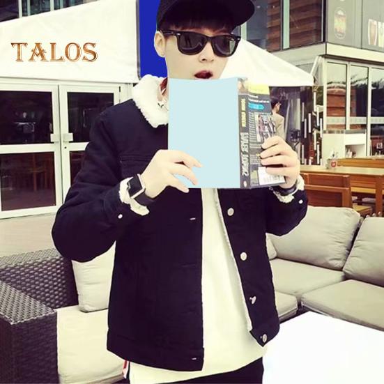 Men Jacket Lapel Long Sleeve Denim Fabric Coat with Flap Pockets Thickened Velvet Lining Warm Button Closure Denim Outerwear