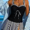 Damen Badeanzug Gestreift Kontrastfarbe Kordelzug Träger Sexy Hoher Bund Schlitz Geteilt Badeanzug Bikini Anzug Strandkleidung