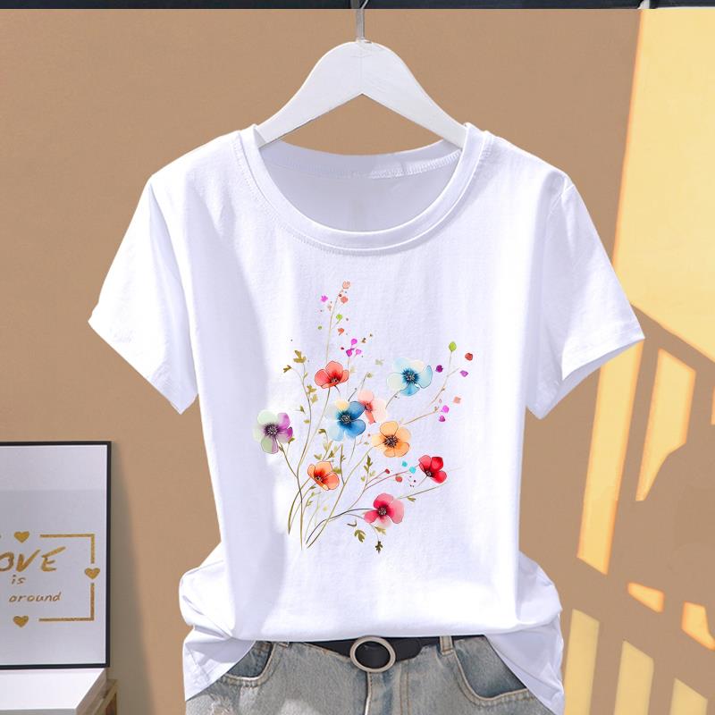 (Asian Size) lovely flower trend cute Casual T Short Sleeve T-shirts Women's Top Print O-neck Fashion Female Clothing Graphic Tee