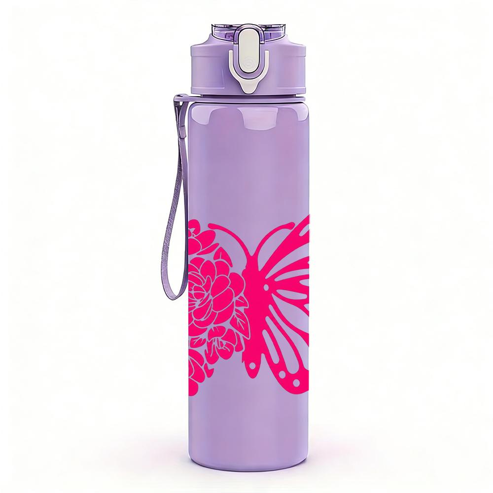 1PC Bright Pink Solid Butterfly 750ml Color Plastic Sports Water Bottle Leakproof Flip Straw Lid Suitable for Sports Office Home Use