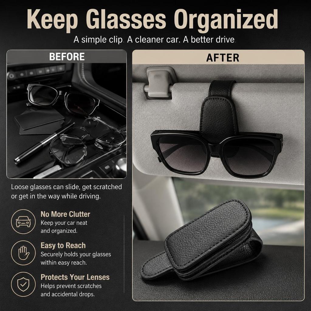 Premium PU Leather Car Sunglasses Clip, Magnetic Visor Glasses Holder with Card Storage, Universal Auto Sun Visor Organizer for Sunglasses & Cards
