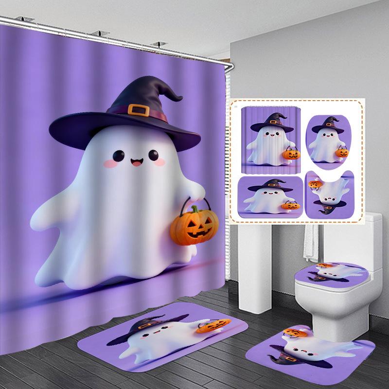 4Pcs Halloween Ghost Pumpkin Shower Curtain Set with Non-Slip Bath Mat, Toilet Lid Cover, Contour Rug & 12 Hooks, Bathroom Decor