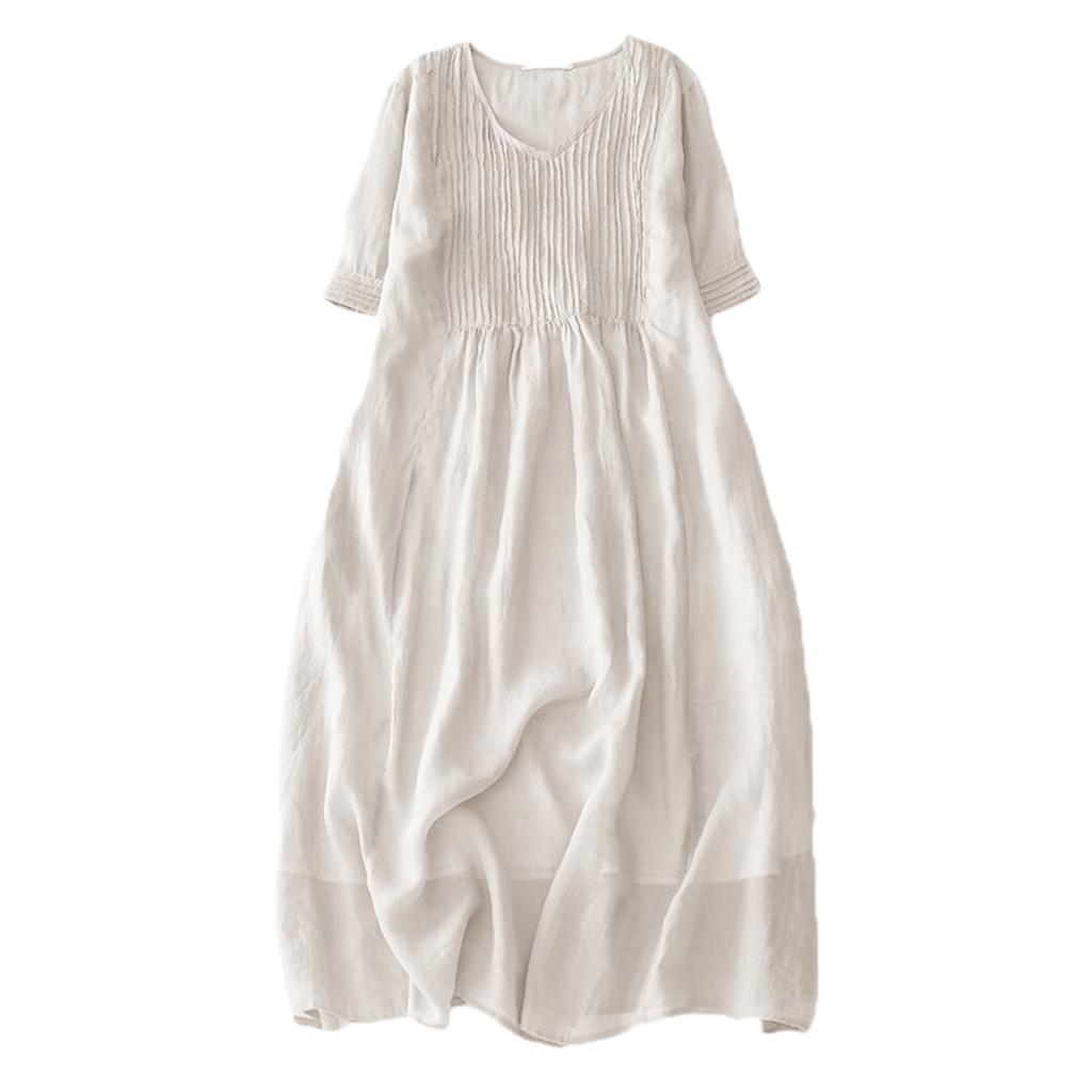 Vintage Style Accordion Pleated Dress V Neck Linen Blend Long Dress Women Lightweight Breathable Casual Loose Fit Dress