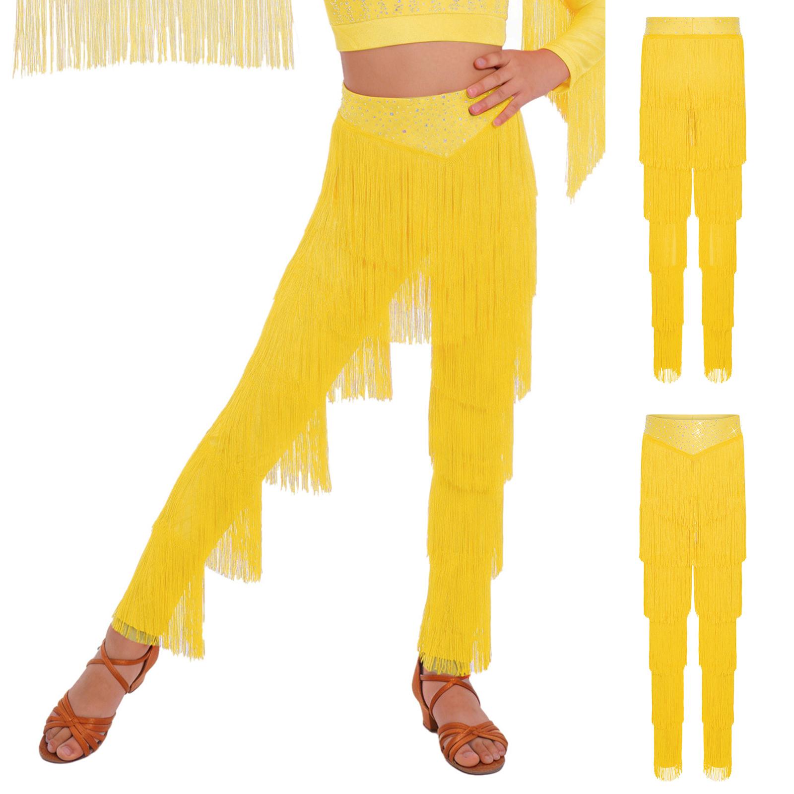 Mädchen Latein Tanz Fransenhose Elastischer Bund Mehrstufige Quasten Hose für Samba Rumba Cha Cha Salsa Bühnenauftritt 5-6 Years