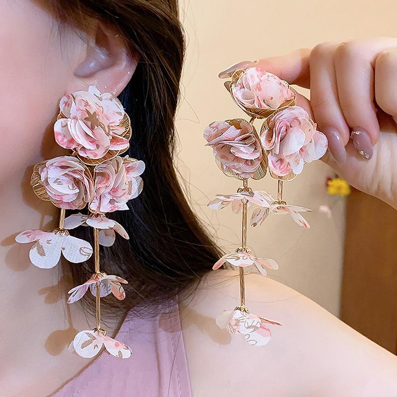 Sommer Chiffon Blumen Quasten Ohrringe für Frauen Urlaubsstil Übertrieben Süße Hängeohrringe Schmuck Accessoires Geschenke