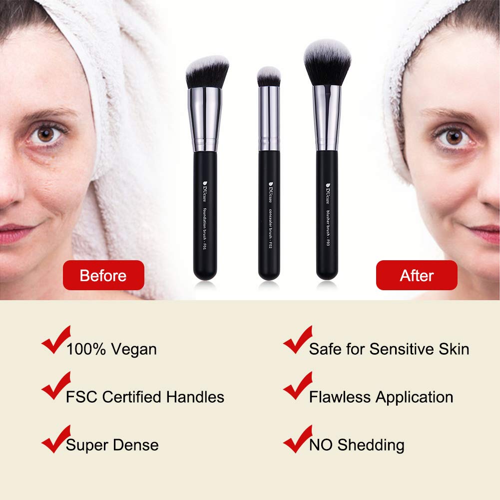 DUcare Black Travel Makeup Brushes 3Pc Foundation Contour Brush -Concealer Brush- Blusher Brush Liquid Blending Makeup Brush Set